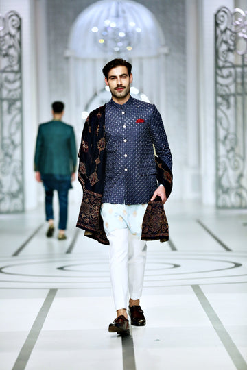 Blue Color Embroidered Prince Coat For Men